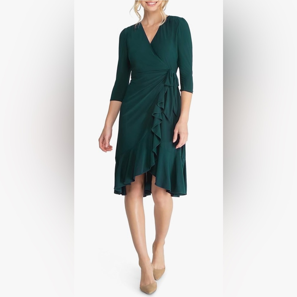 Kiyonna Whimsy Ruffled Midi Wrap Dress with Sleeves Wrap Around Style w/ Ruffles